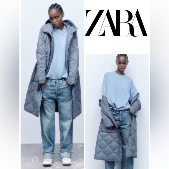 Zara Blue Quilted Puffer Coat Longline - Picture 3 of 11